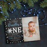 Snowflake Winter Chalkboard 1st Birthday Photo<br><div class="desc">Celebrate in style with these sweet and very trendy real foil pressed 1st birthday invitations. This design is easy to personalize with your special event wording and a photo of your choice & your guests will be thrilled when they receive these fabulous invites.</div>