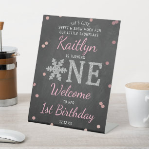 Snowflake Winter Chalkboard 1st Birthday Welcome Pedestal Sign