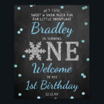 Snowflake Winter Chalkboard 1st Birthday Welcome Poster<br><div class="desc">Celebrate in style with this trendy birthday 1st welcome sign. The design is easy to personalize with your own wording and your family and friends will be thrilled when they see this fabulous party sign. Matching party items can be found in the collection.</div>