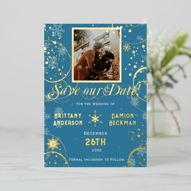 Snowflake Winter Wonderland Wedding Save the Date (Standing Front)