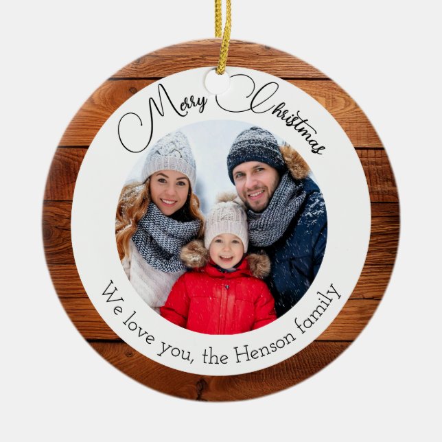 Snowflake Wood Christmas Family Photo  Ceramic Ornament (Front)