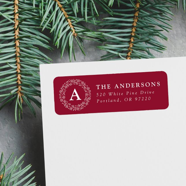 Snowflake Wreath Monogram Cranberry Return Address (Creator Uploaded)