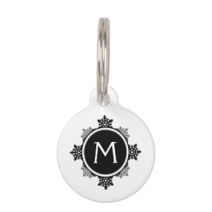 Snowflake Wreath Monogram in Black and White Pet Tag