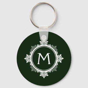 Snowflake Wreath Monogram in Dark Green & White Keychain