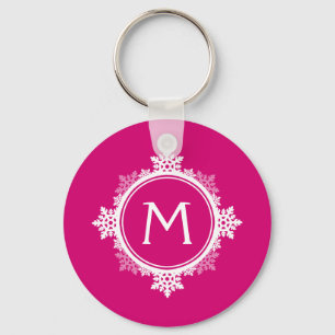 Snowflake Wreath Monogram in Fuchsia Pink & White Keychain
