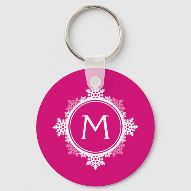 Snowflake Wreath Monogram in Fuchsia Pink & White Keychain (Front)