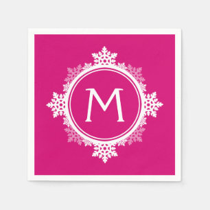 Snowflake Wreath Monogram in Fuchsia Pink & White Napkin