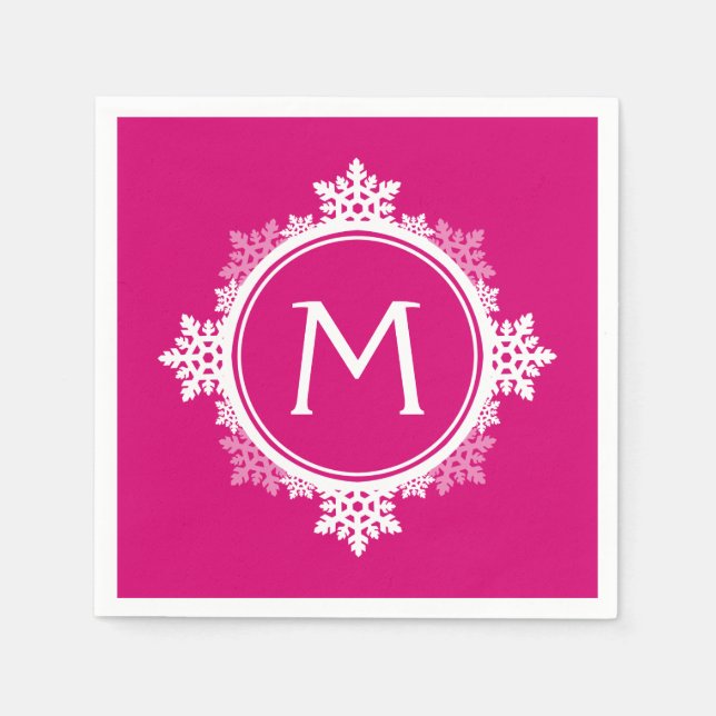 Snowflake Wreath Monogram in Fuchsia Pink & White Napkin (Front)