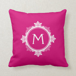 Snowflake Wreath Monogram in Fuchsia Pink & White Throw Pillow