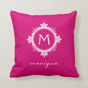 Snowflake Wreath Monogram in Fuchsia Pink & White Throw Pillow