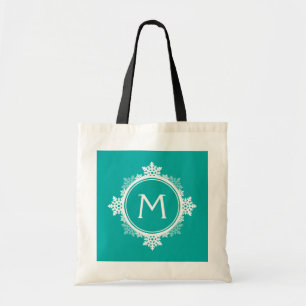 Snowflake Wreath Monogram in Teal Blue & White Tote Bag