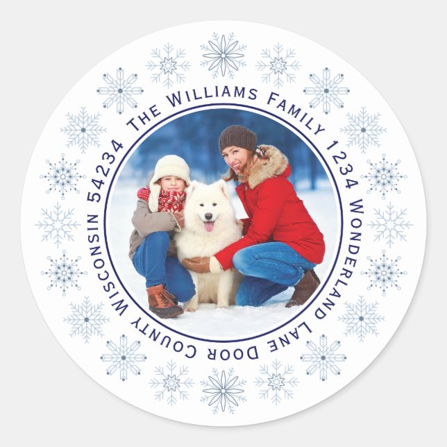 Snowflake Wreath Photo Return Address Label Round (Front)
