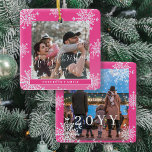Snowflakes 2 family photo personalized pink white ceramic ornament<br><div class="desc">Rustic elegant winter hot pink and white plaid family keepsake tree ornament template with sparkling snowflakes frame.                       Easy to personalize with your 2 photos,  text script,  family name and year!</div>