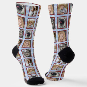 Snowflakes 5 Custom Family Photo Collage Blue Easy Socks