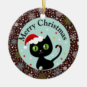 Snowflakes and Black Kitty Christmas Ornament