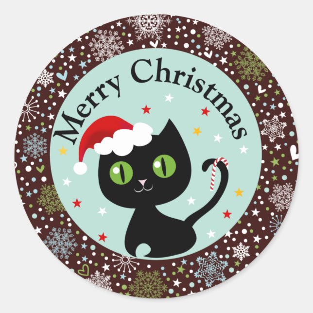 Snowflakes and Black Kitty Christmas Stickers (Front)