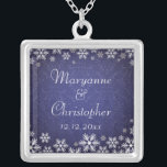 Snowflakes and Blue Damask Silver Plated Necklace<br><div class="desc">An elegant wedding design for a winter wedding or Christmas wedding featuring snowflakes on a blue coloured background with a subtle damask pattern. Customize the text for your own special day. This coordinates with the Snowflakes and Blue Damask Wedding Collection and is available in a range of colours. Please contact...</div>