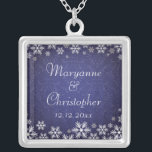Snowflakes and Blue Damask Silver Plated Necklace<br><div class="desc">An elegant wedding design for a winter wedding or Christmas wedding featuring snowflakes on a blue coloured background with a subtle damask pattern. Customize the text for your own special day. This coordinates with the Snowflakes and Blue Damask Wedding Collection and is available in a range of colours. Please contact...</div>