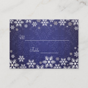 Snowflakes and Blue Damask Wedding Place Setting Card