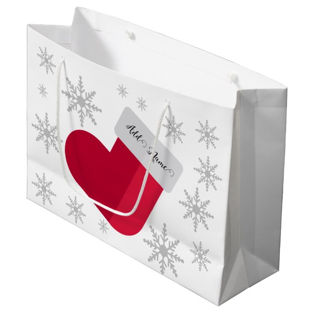 Snowflakes and Christmas Stocking Add Name Large Gift Bag (Front Angled)