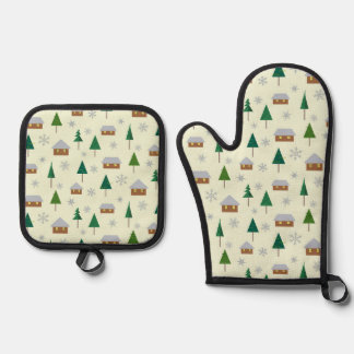 Snowflakes and fir trees oven mitt & pot holder set
