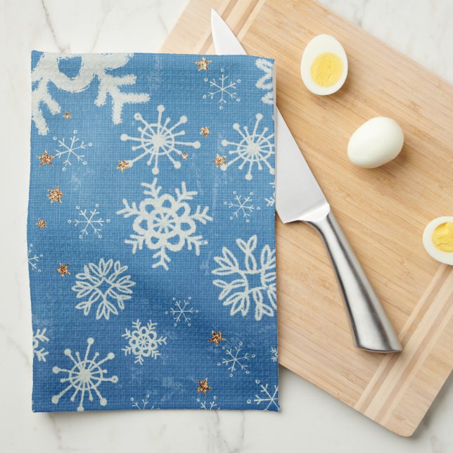 Snowflakes and Gold Stars on Blue Kitchen Towel (Quarter Fold)