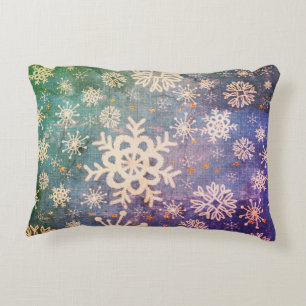 Snowflakes and Gold Stars on Tie-Dye Denim Accent Pillow