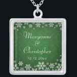 Snowflakes and Green Damask Silver Plated Necklace<br><div class="desc">An elegant wedding design for a winter wedding or Christmas wedding featuring snowflakes on a green coloured background with a subtle damask pattern. Customize the text for your own special day. This coordinates with the Snowflakes and Green Damask Wedding Collection and is available in a range of colours. Please contact...</div>