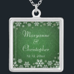 Snowflakes and Green Damask Silver Plated Necklace<br><div class="desc">An elegant wedding design for a winter wedding or Christmas wedding featuring snowflakes on a green coloured background with a subtle damask pattern. Customize the text for your own special day. This coordinates with the Snowflakes and Green Damask Wedding Collection and is available in a range of colours. Please contact...</div>