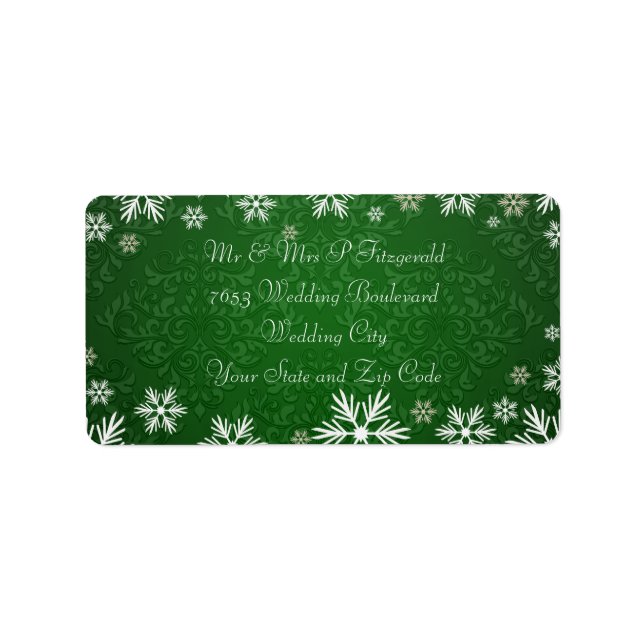Snowflakes and Green Damask Wedding Label (Front)
