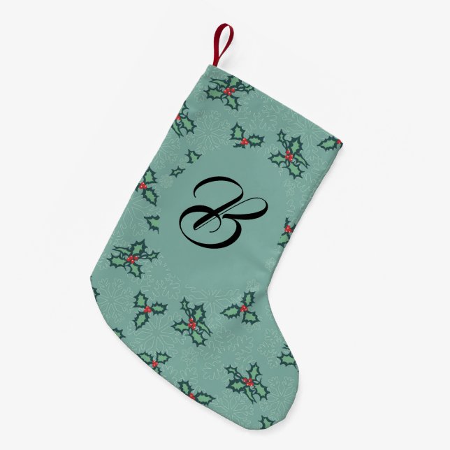 Snowflakes and holly. Custom with the name. Small Christmas Stocking (Front (Hanging))
