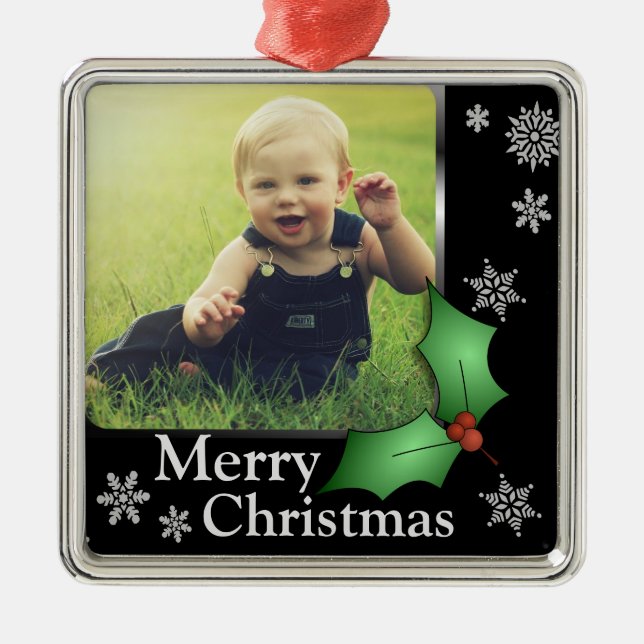 Snowflakes and Holly on Black Elegant Photo Metal Ornament (Front)