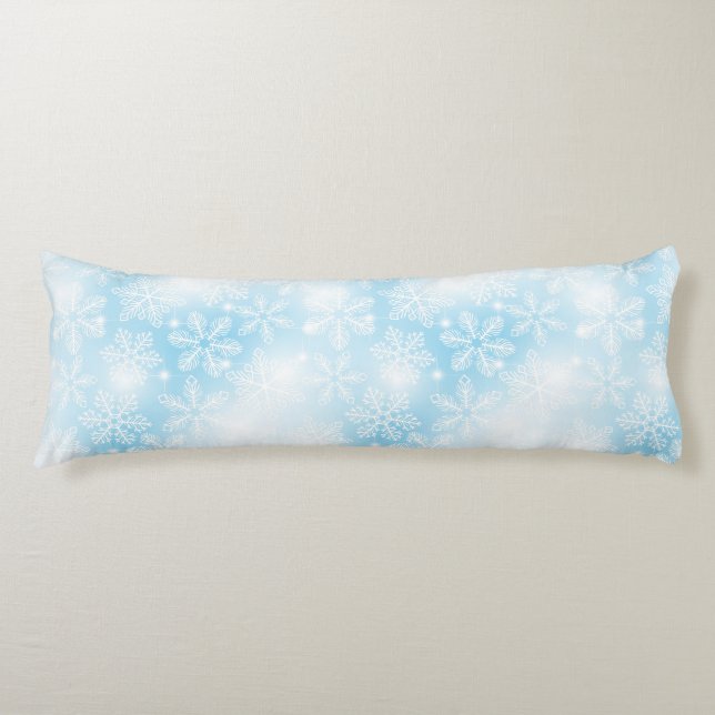 Snowflakes and lights on blue body pillow (Front)