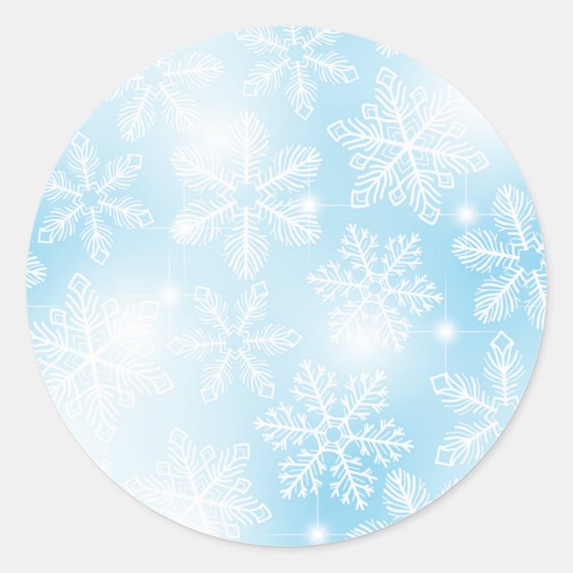 Snowflakes and lights on blue classic round sticker (Front)