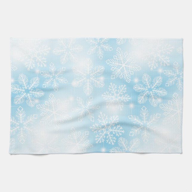 Snowflakes and lights on blue kitchen towel (Horizontal)
