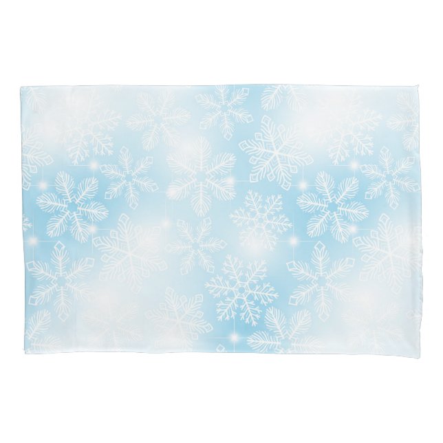 Snowflakes and lights on blue pillowcase (Front)