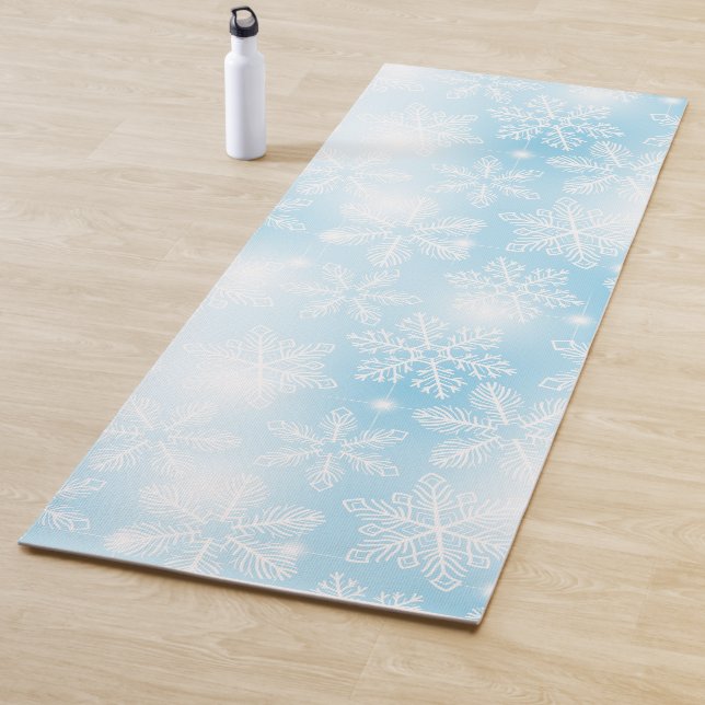 Snowflakes and lights on blue yoga mat (In Situ)
