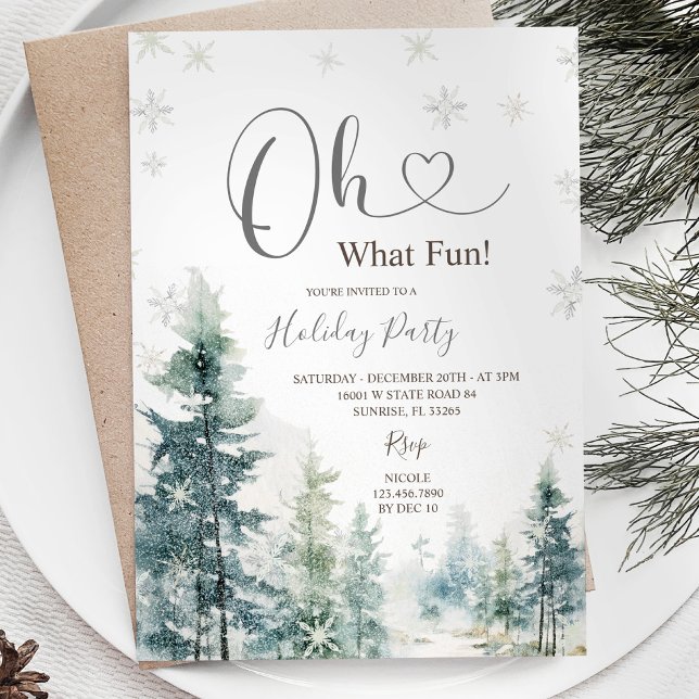 Snowflakes and Pine Trees Greenery Holiday Party Invitation (Creator Uploaded)