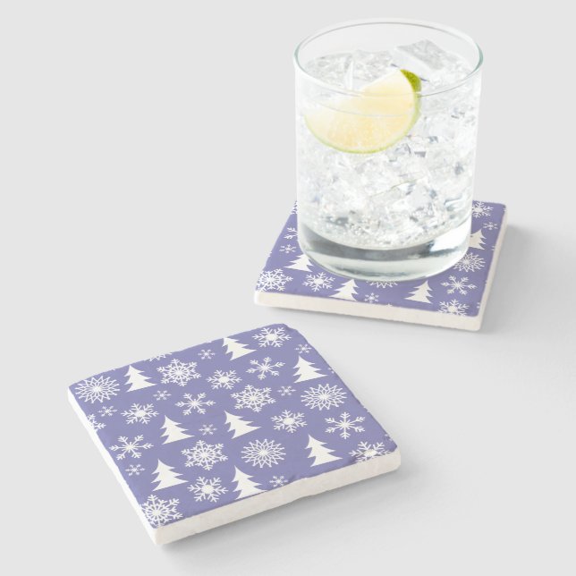 Snowflakes and Pine Trees Pattern Stone Coaster (Side)