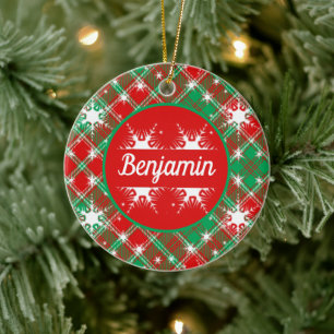 Snowflakes And Plaid Red Green And White Christmas Ceramic Ornament