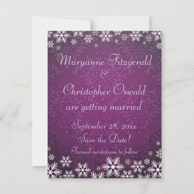 Snowflakes and Purple Damask Save the Date Invitation (Front)