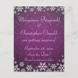 Snowflakes and Purple Damask Save the Date Invitation