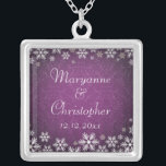 Snowflakes and Purple Damask Silver Plated Necklace<br><div class="desc">An elegant wedding design for a winter wedding or Christmas wedding featuring snowflakes on a purple coloured background with a subtle damask pattern. Customize the text for your own special day. This coordinates with the Snowflakes and Purple Damask Wedding Collection and is available in a range of colours. Please contact...</div>