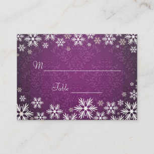Snowflakes and Purple Damask Wedding Place Setting Card