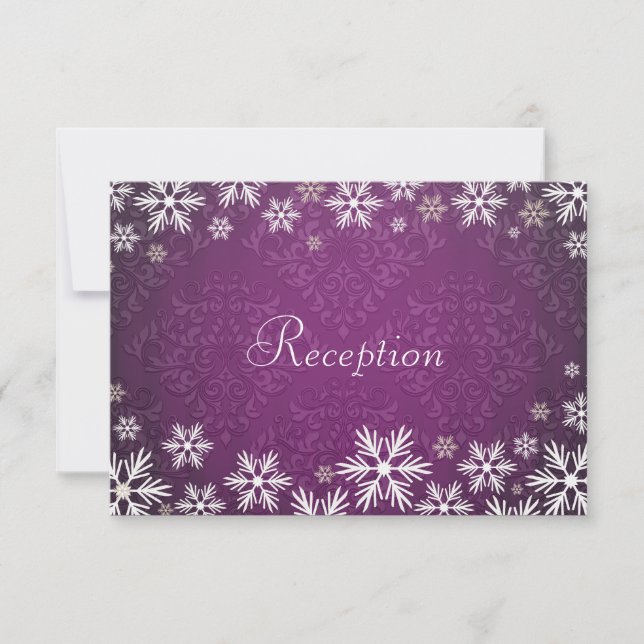 Snowflakes and Purple Damask Wedding Reception Invitation (Front)