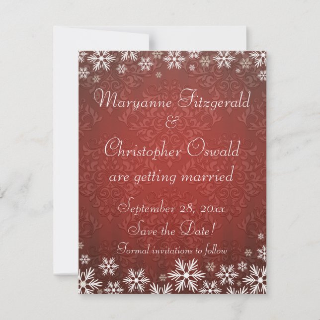Snowflakes and Red Damask Save the Date Invitation (Front)