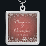 Snowflakes and Red Damask Silver Plated Necklace<br><div class="desc">An elegant wedding design for a winter wedding or Christmas wedding featuring snowflakes on a red coloured background with a subtle damask pattern. Customize the text for your own special day. This coordinates with the Snowflakes and Red Damask Wedding Collection and is available in a range of colours. Please contact...</div>