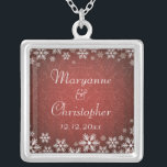 Snowflakes and Red Damask Silver Plated Necklace<br><div class="desc">An elegant wedding design for a winter wedding or Christmas wedding featuring snowflakes on a red coloured background with a subtle damask pattern. Customize the text for your own special day. This coordinates with the Snowflakes and Red Damask Wedding Collection and is available in a range of colours. Please contact...</div>