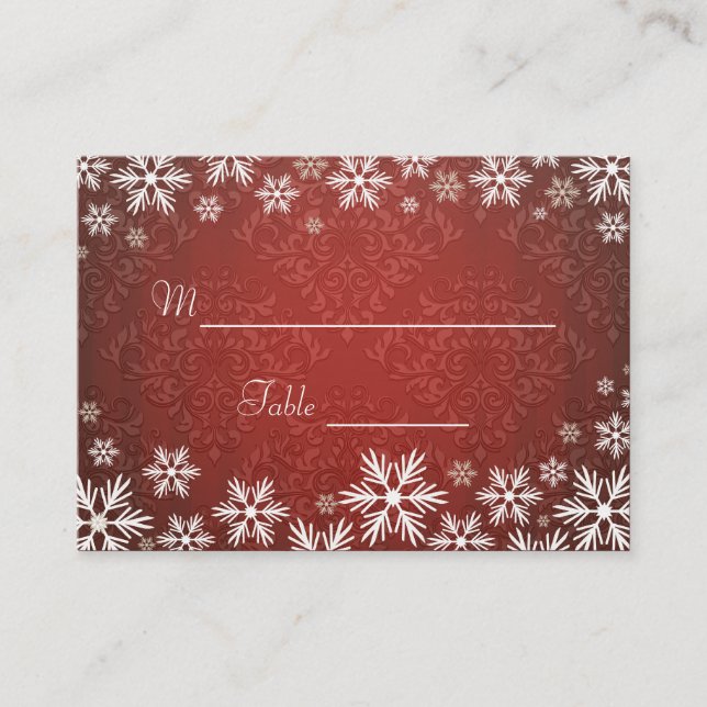 Snowflakes and Red Damask Wedding Place Setting Card (Front)