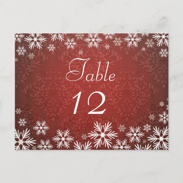 Snowflakes and Red Damask Wedding Postcard (Front)